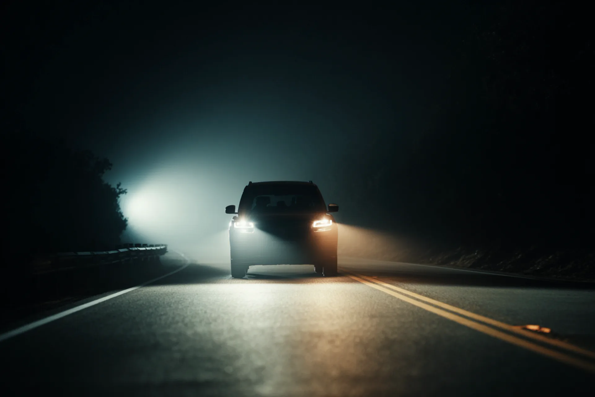Carro con luces LED encendidas conduciendo de noche con niebla