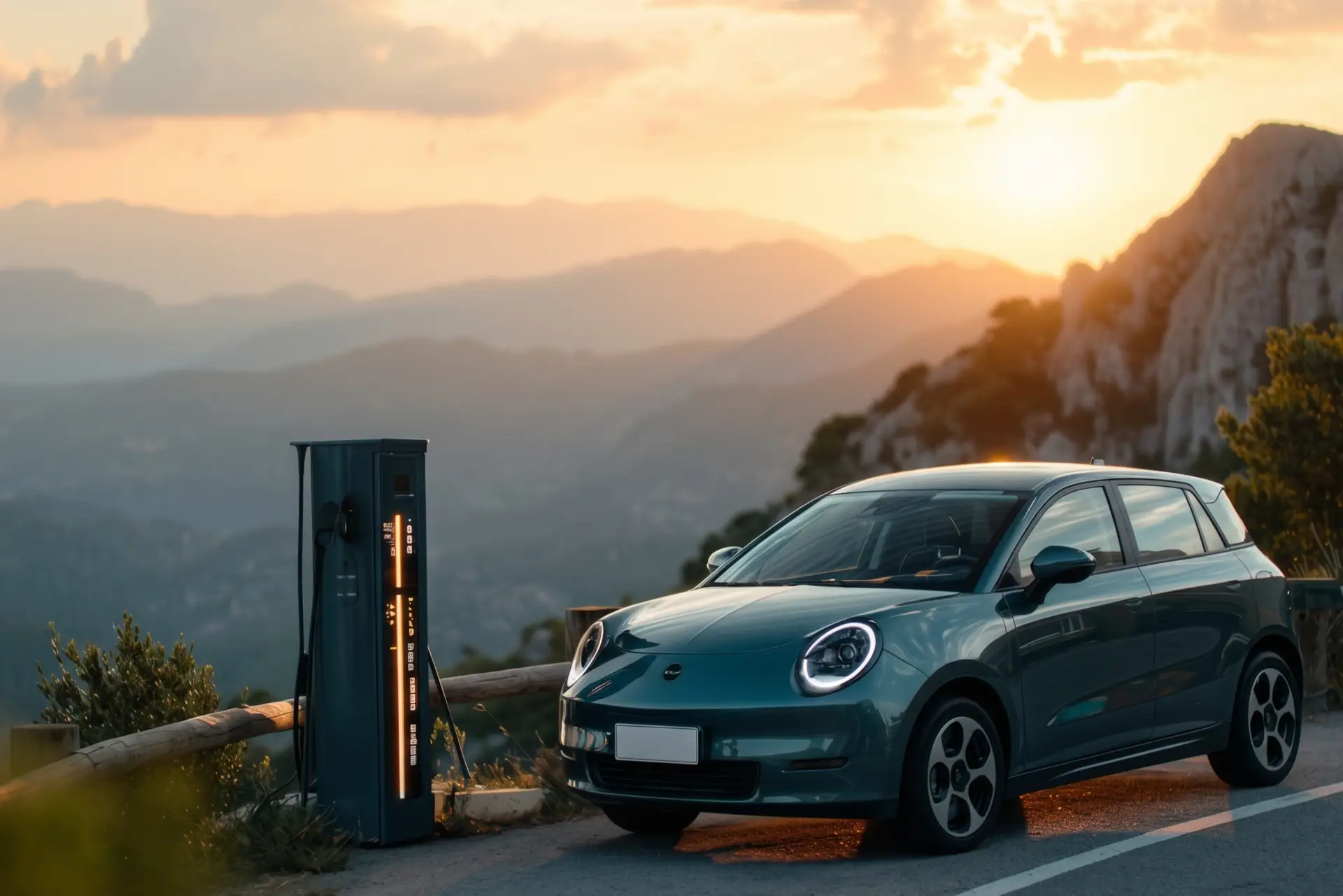 Vehículo eléctrico JAC frente a un paisaje de montaña al atardecer