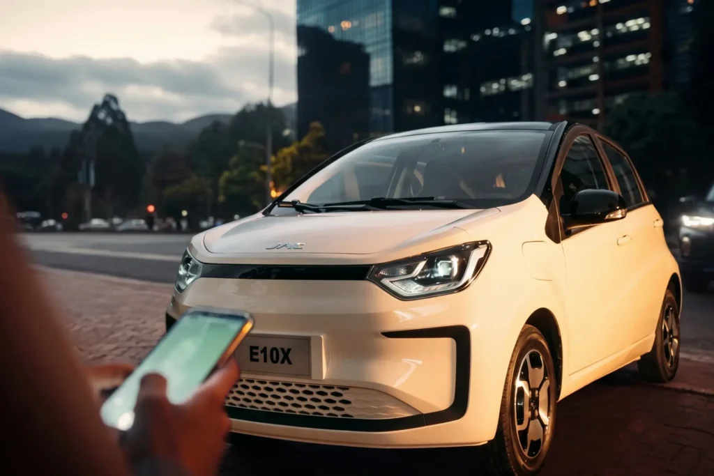 Conductor usando un smartphone junto a un carro eléctrico JAC