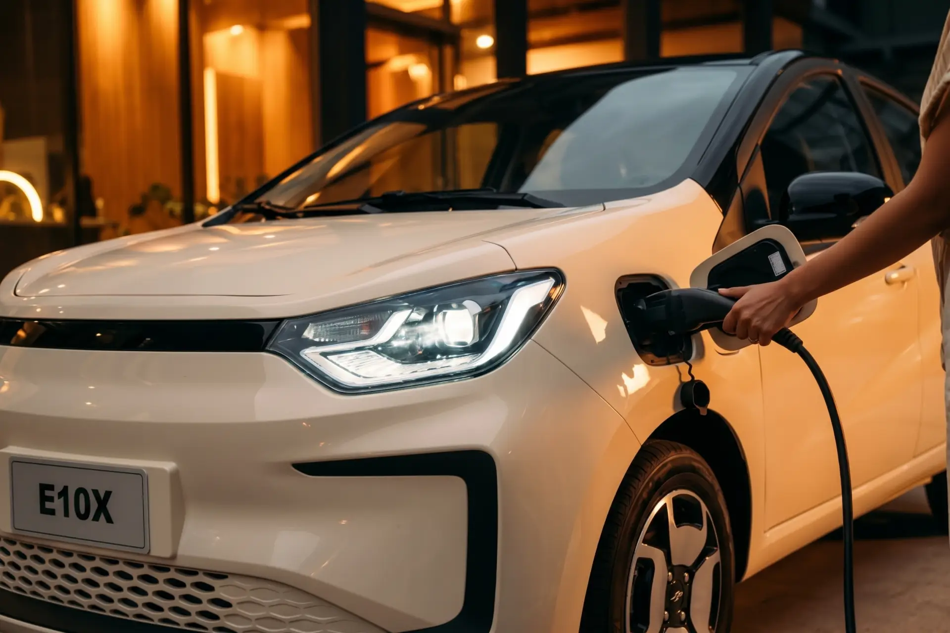 Persona conectando el cargador a un carro eléctrico